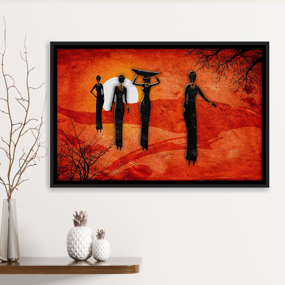 African Art Canvas, African Ladies On A Sunset Retro Art Framed Canvas Prints Wall Art, Floating Frame, Large Canvas