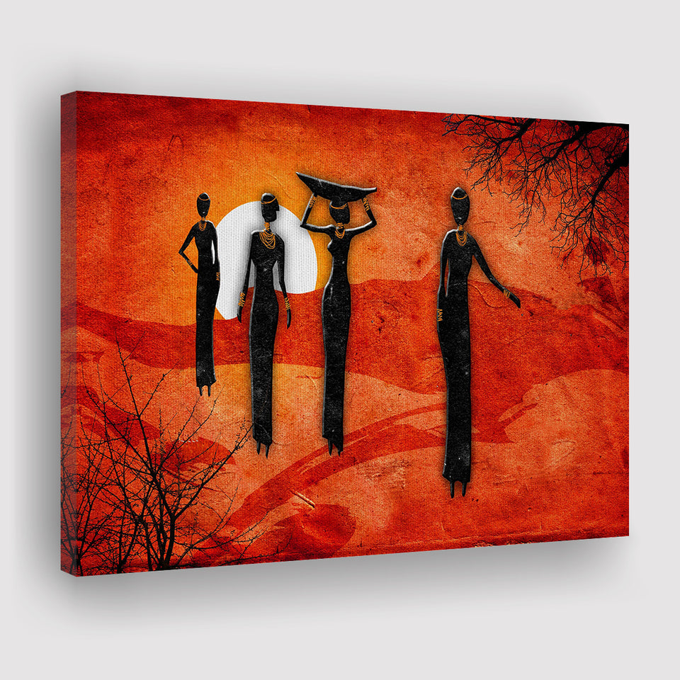 African Art Canvas, African Ladies On A Sunset Retro Art Canvas Prints Wall Art, Home Living Room Decor, Large Canvas