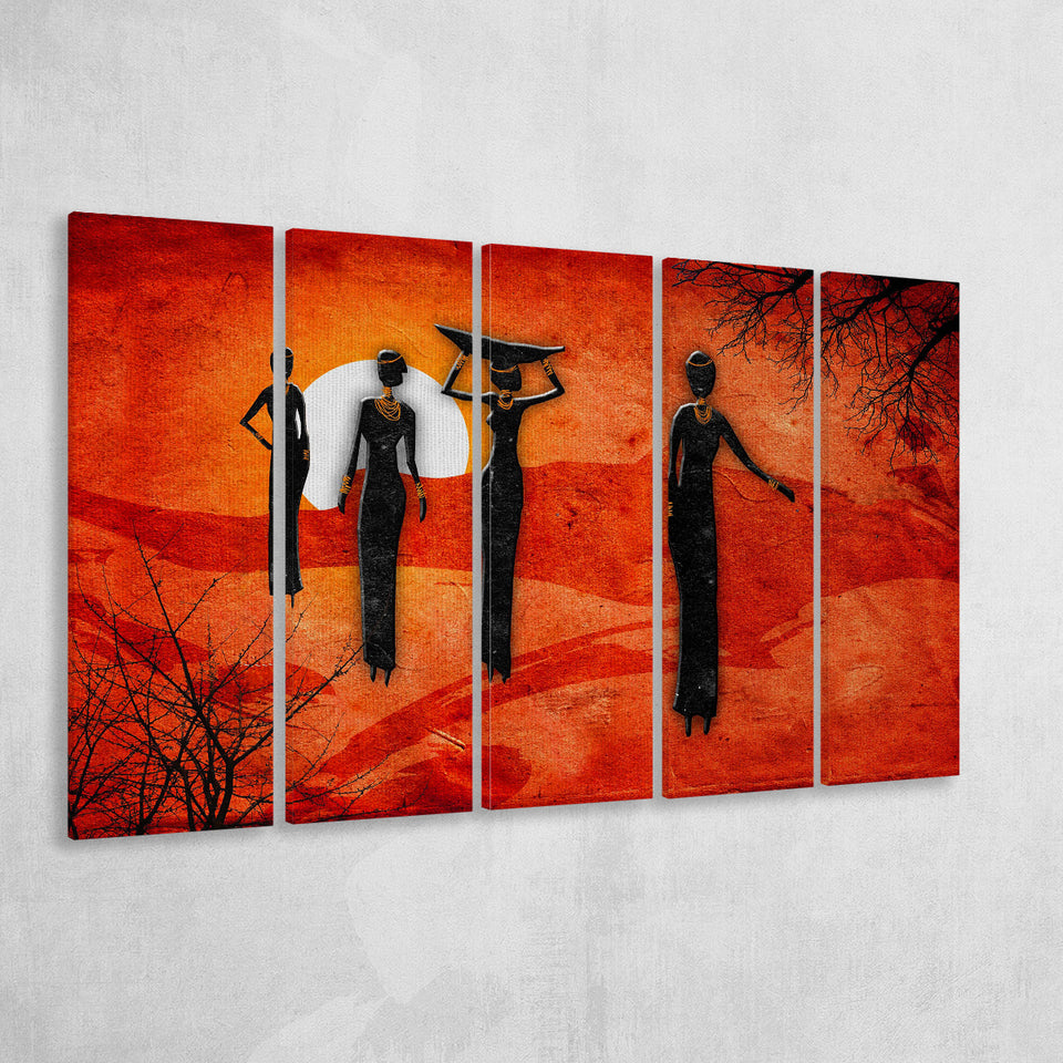 African Art Canvas, African Ladies On A Sunset Retro Art, 5 Panel B Canvas Prints Wall Art, Extra Large Canvas Decor