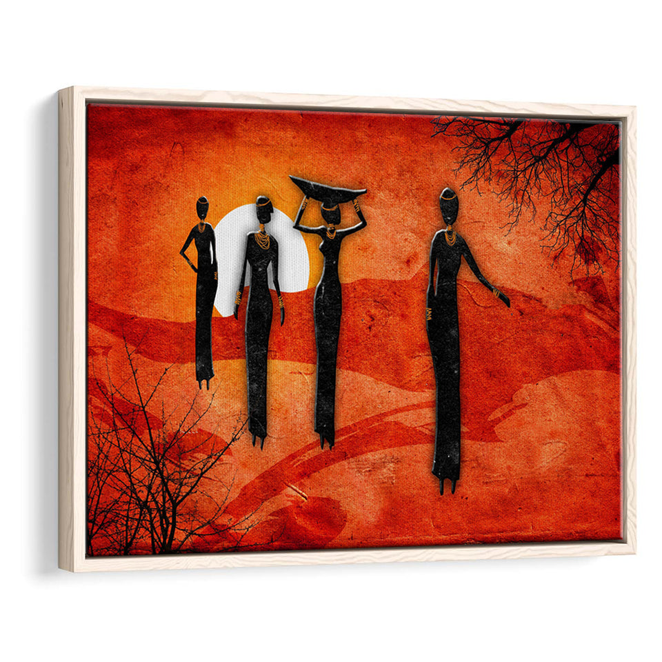 African Art Canvas, African Ladies On A Sunset Retro Art Framed Canvas Prints Wall Art, Floating Frame, Large Canvas