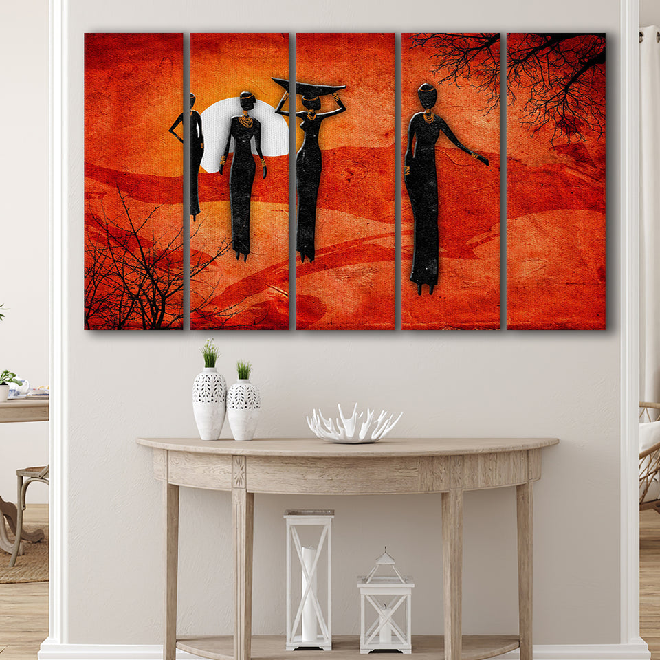 African Art Canvas, African Ladies On A Sunset Retro Art, 5 Panel B Canvas Prints Wall Art, Extra Large Canvas Decor