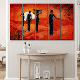African Art Canvas, African Ladies On A Sunset Retro Art, 5 Panel B Canvas Prints Wall Art, Extra Large Canvas Decor