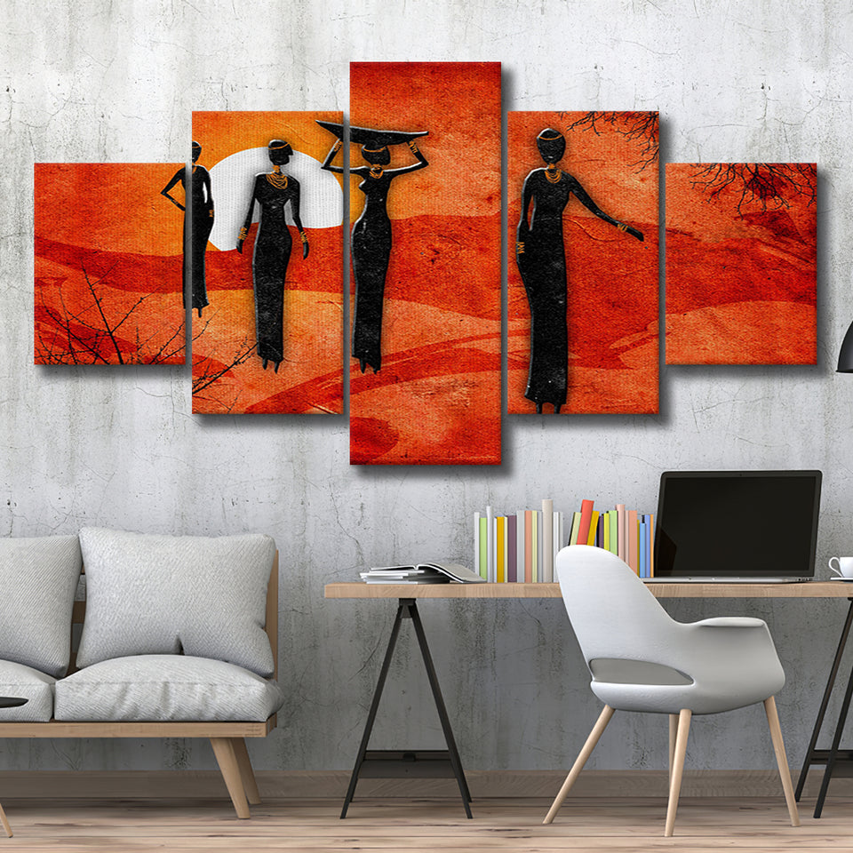 African Art Canvas, African Ladies On A Sunset Retro Art, 5 Panel Canvas Prints Wall Art,Mixed Canvas, Large Canvas