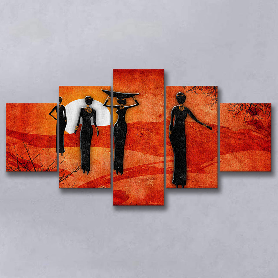 African Art Canvas, African Ladies On A Sunset Retro Art, 5 Panel Canvas Prints Wall Art,Mixed Canvas, Large Canvas