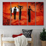 African Art Canvas, African Ladies On A Sunset Retro Art, 5 Panel B Canvas Prints Wall Art, Extra Large Canvas Decor