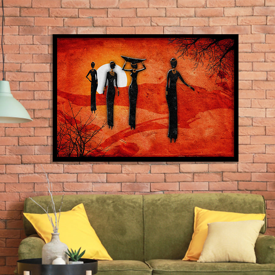 African Art Canvas, African Ladies On A Sunset Retro Art Framed Art Prints Wall Decor, Framed Picture, Large Art Prints