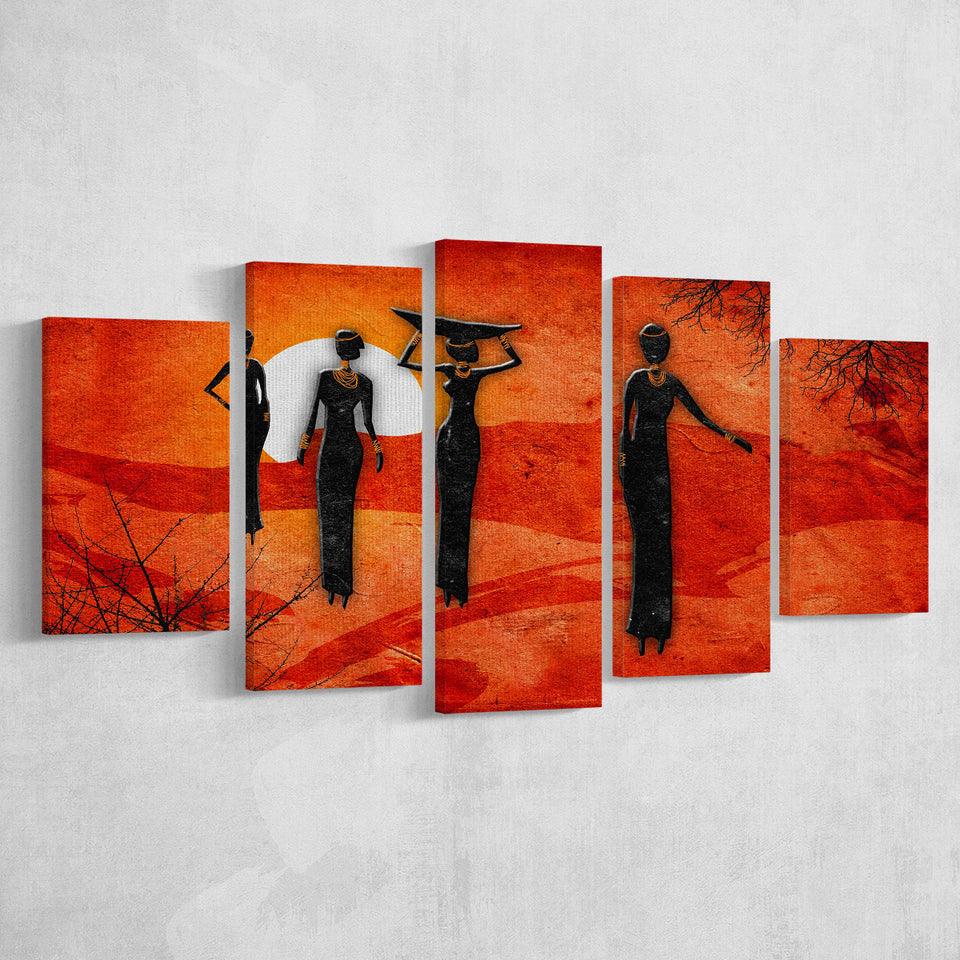 African Art Canvas, African Ladies On A Sunset Retro Art, 5 Panel Canvas Prints Wall Art,Mixed Canvas, Large Canvas