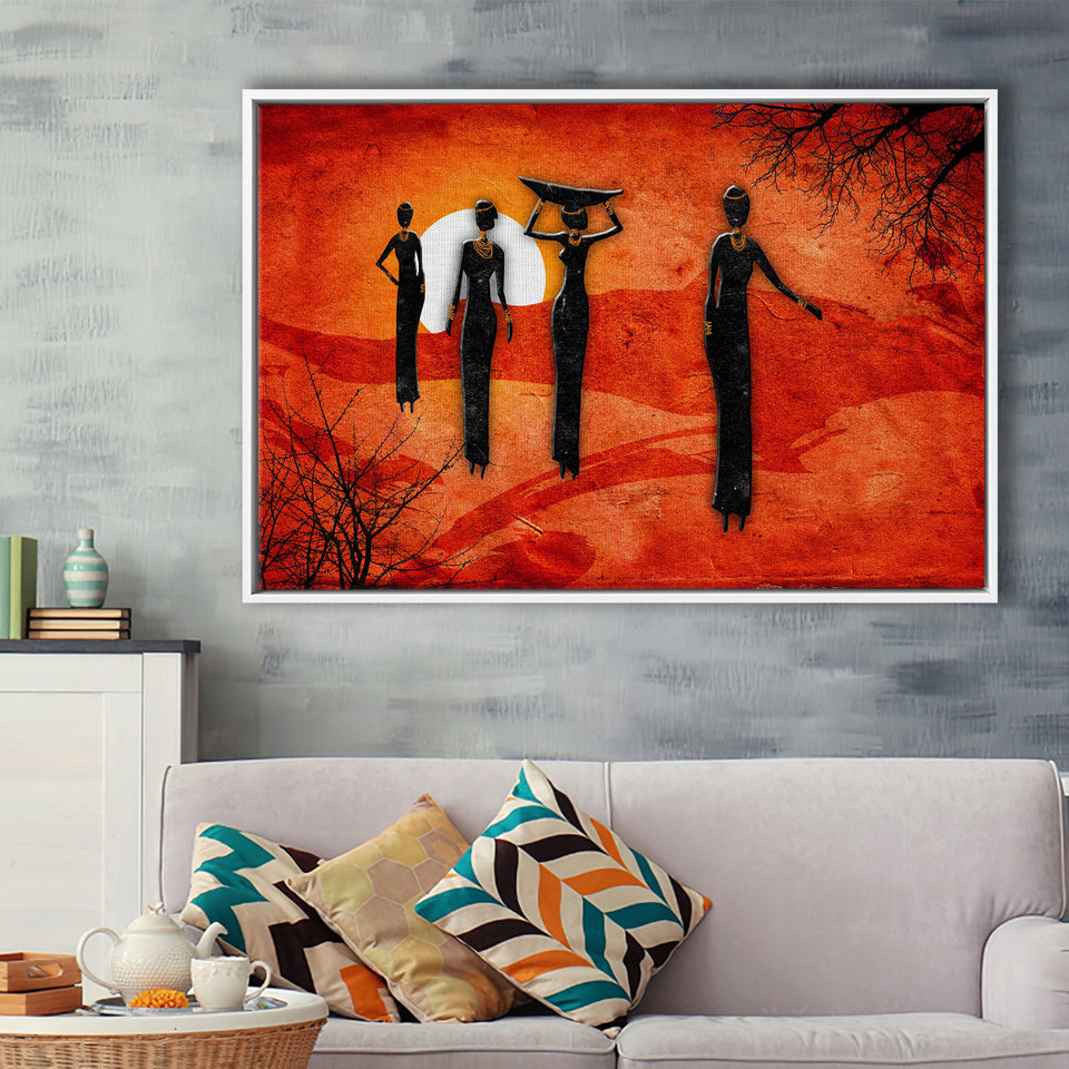African Art Canvas, African Ladies On A Sunset Retro Art Framed Canvas Prints Wall Art, Floating Frame, Large Canvas