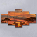 African Art Canvas Sunset Of Safari Africa Sketch Art, 5 Piece Canvas Prints Wall Art Decor, Multi Panels,Mixed Canvas
