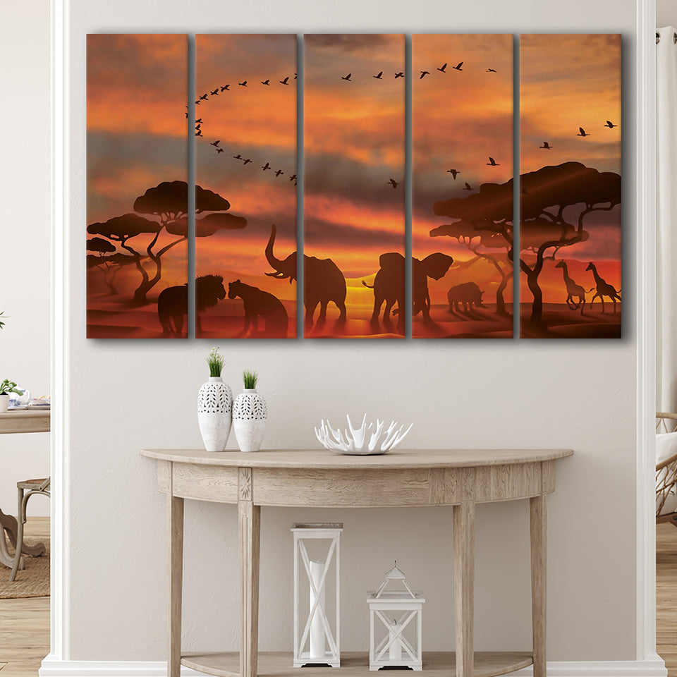 African Art Canvas Sunset Of Safari Africa Sketch Art, 5 Piece Canvas Prints Wall Art Decor, Multi Panels