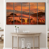 African Art Canvas Sunset Of Safari Africa Sketch Art, 5 Piece Canvas Prints Wall Art Decor, Multi Panels