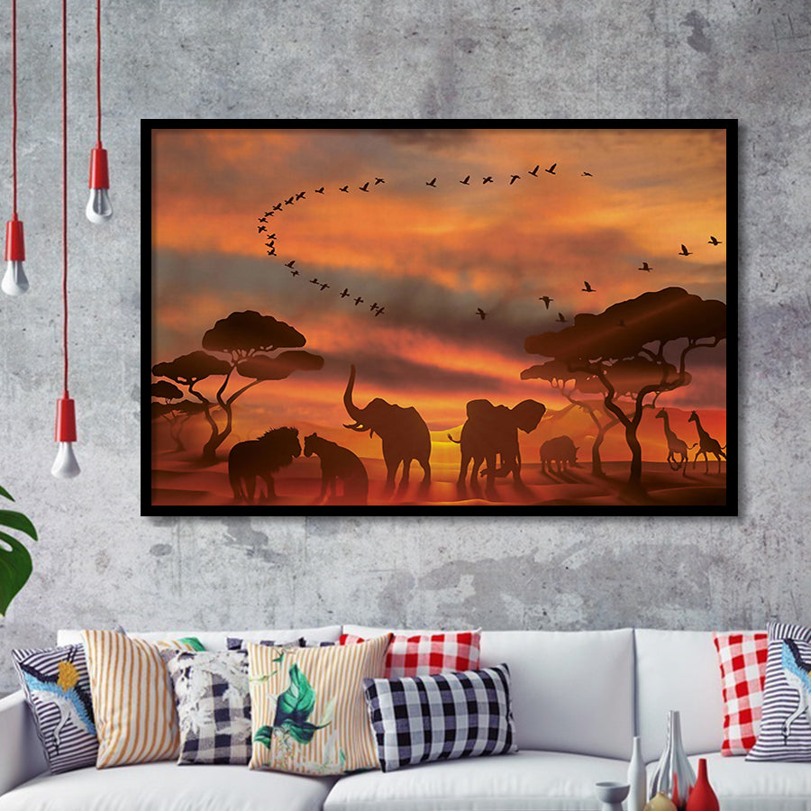 African Art Canvas Sunset Of Safari Africa Sketch Art, Framed Art Prints Wall Art Decor, Framed Picture