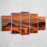 African Art Canvas Sunset Of Safari Africa Sketch Art, 5 Piece Canvas Prints Wall Art Decor, Multi Panels,Mixed Canvas