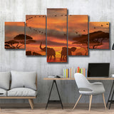 African Art Canvas Sunset Of Safari Africa Sketch Art, 5 Piece Canvas Prints Wall Art Decor, Multi Panels,Mixed Canvas