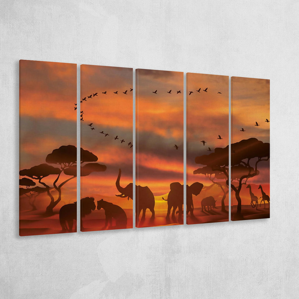 African Art Canvas Sunset Of Safari Africa Sketch Art, 5 Piece Canvas Prints Wall Art Decor, Multi Panels