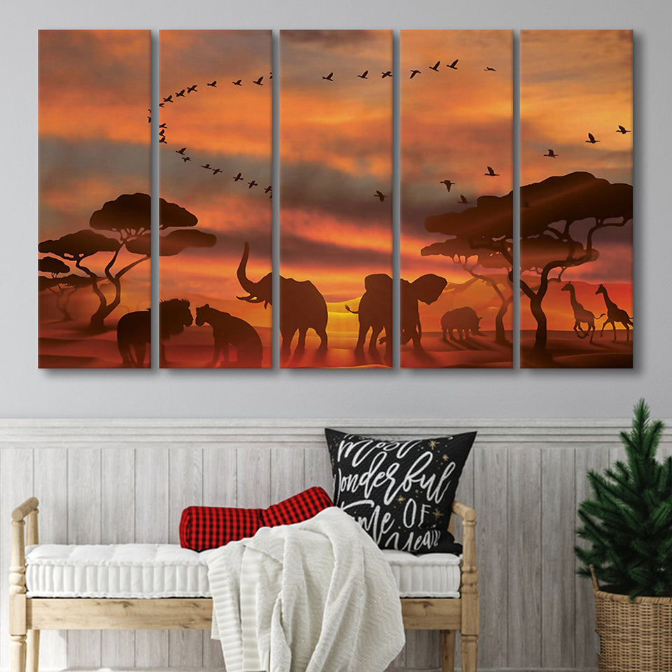 African Art Canvas Sunset Of Safari Africa Sketch Art, 5 Piece Canvas Prints Wall Art Decor, Multi Panels