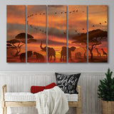 African Art Canvas Sunset Of Safari Africa Sketch Art, 5 Piece Canvas Prints Wall Art Decor, Multi Panels