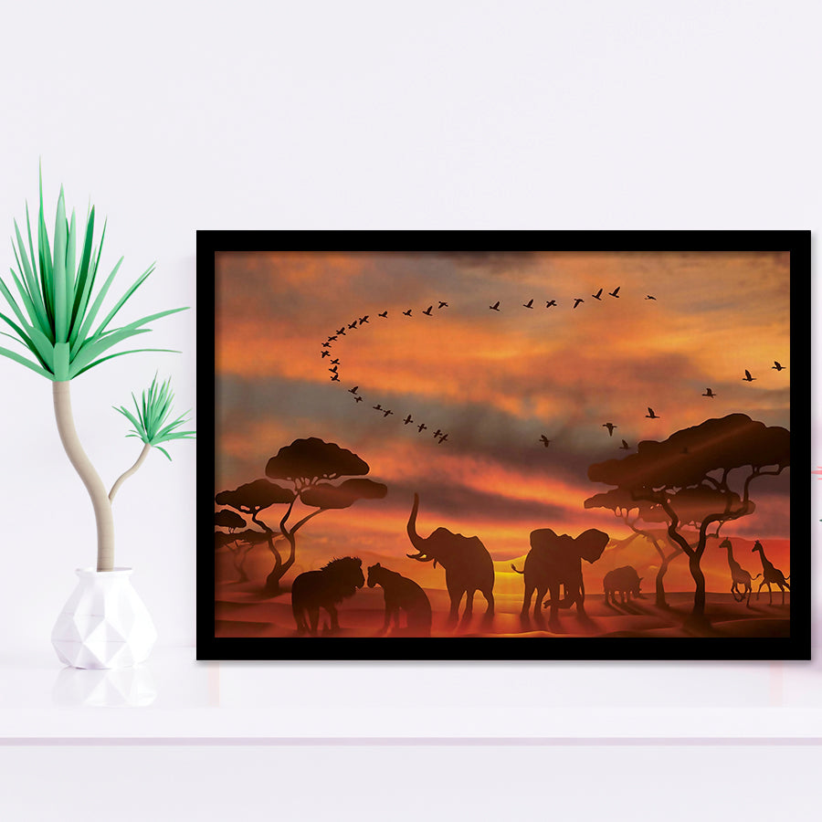 African Art Canvas Sunset Of Safari Africa Sketch Art, Framed Art Prints Wall Art Decor, Framed Picture