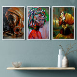 African Black Woman Painting Abstract African Girl V1 Set of 3 Piece Framed Canvas Prints Wall Art Decor