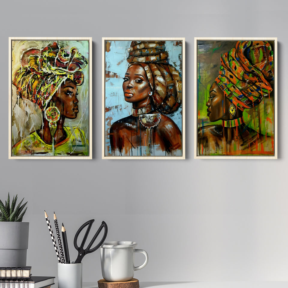 African Black Woman Painting Abstract African Girl V2 Set of 3 Piece Framed Canvas Prints Wall Art Decor
