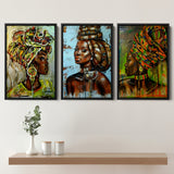African Black Woman Painting Abstract African Girl V2 Set of 3 Piece Framed Canvas Prints Wall Art Decor