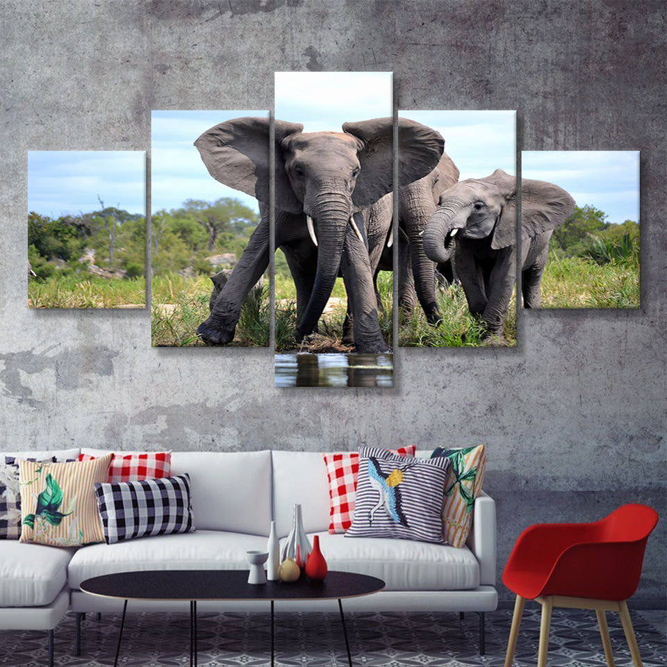 African Bush Elephant 5 Pieces Canvas Prints Wall Art - Painting Canvas, Multi Panel, Wall Decor, Canvas Art