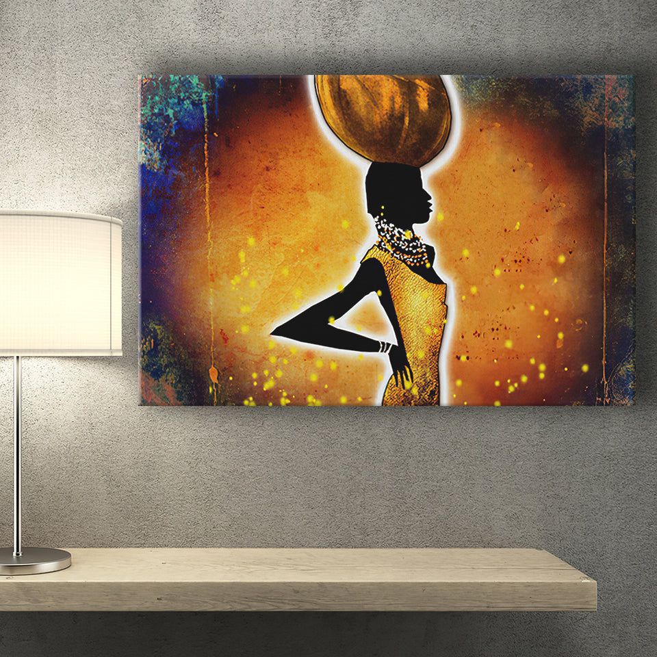 African Lady wWater Pot Retro Canvas Prints Wall Art - Painting Canvas, African Art, Home Wall Decor, Painting Prints, For Sale