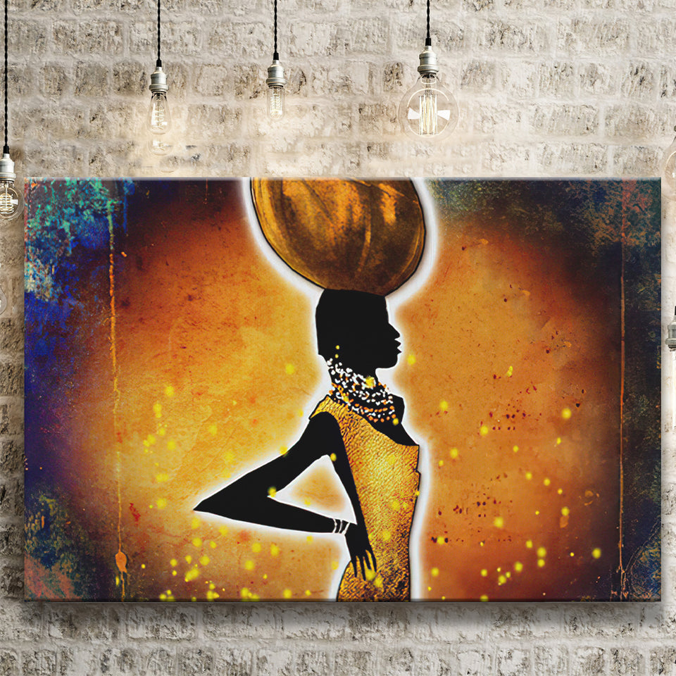 African Lady wWater Pot Retro Canvas Prints Wall Art - Painting Canvas, African Art, Home Wall Decor, Painting Prints, For Sale