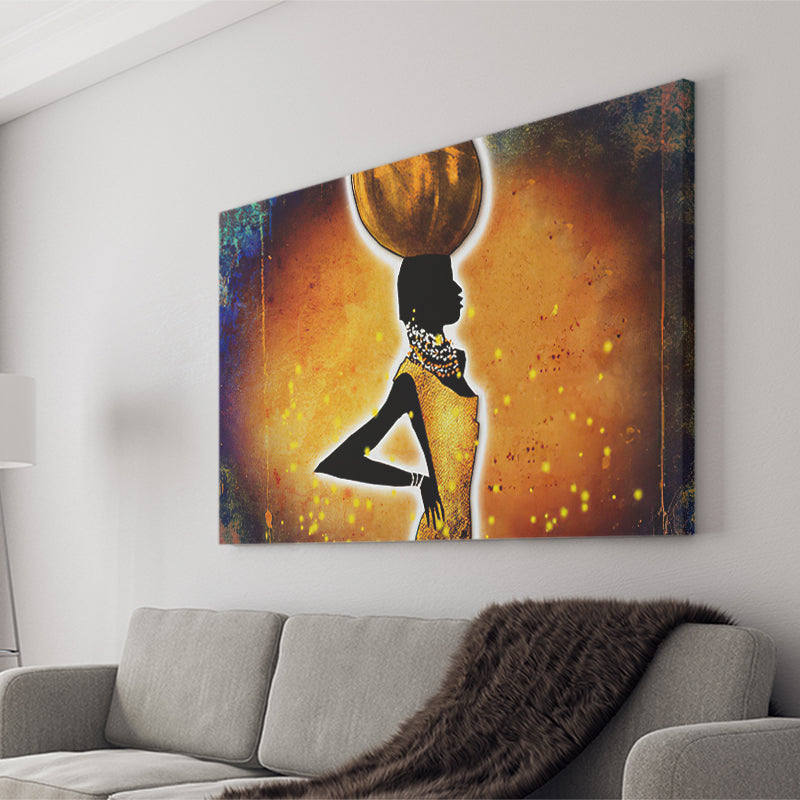 African Lady wWater Pot Retro Canvas Prints Wall Art - Painting Canvas, African Art, Home Wall Decor, Painting Prints, For Sale