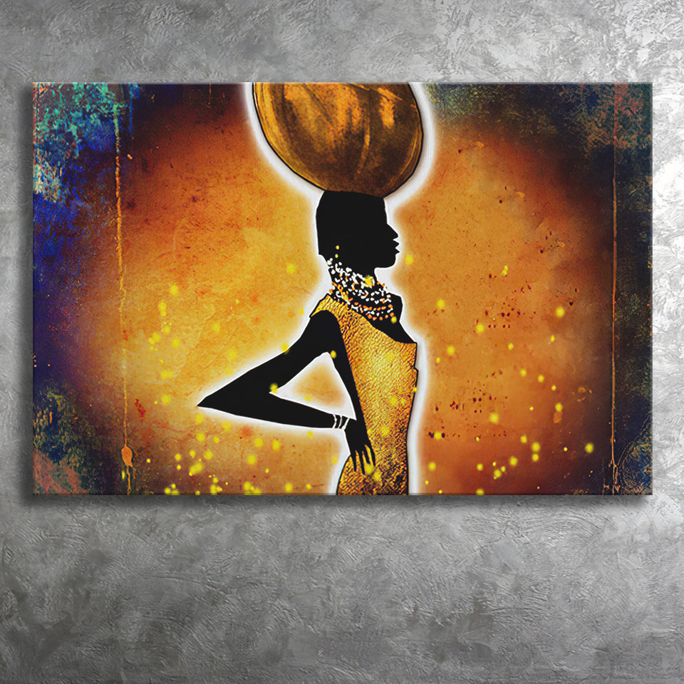 African Lady wWater Pot Retro Canvas Prints Wall Art - Painting Canvas, African Art, Home Wall Decor, Painting Prints, For Sale