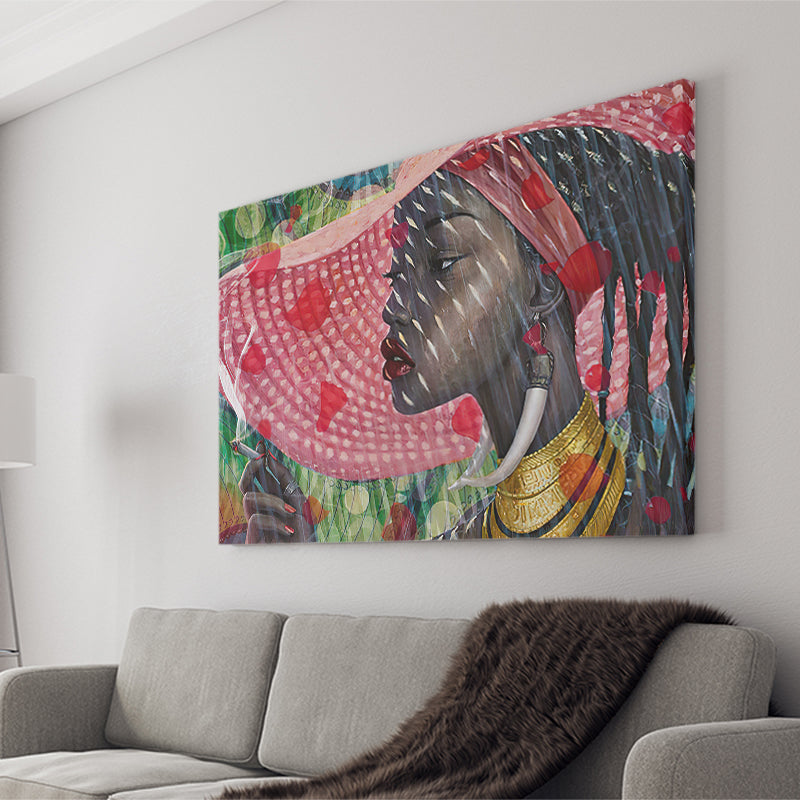 African Lady w Pink Hat Cigar Canvas Prints Wall Art - Painting Canvas, African Art, Home Wall Decor, Painting Prints, For Sale