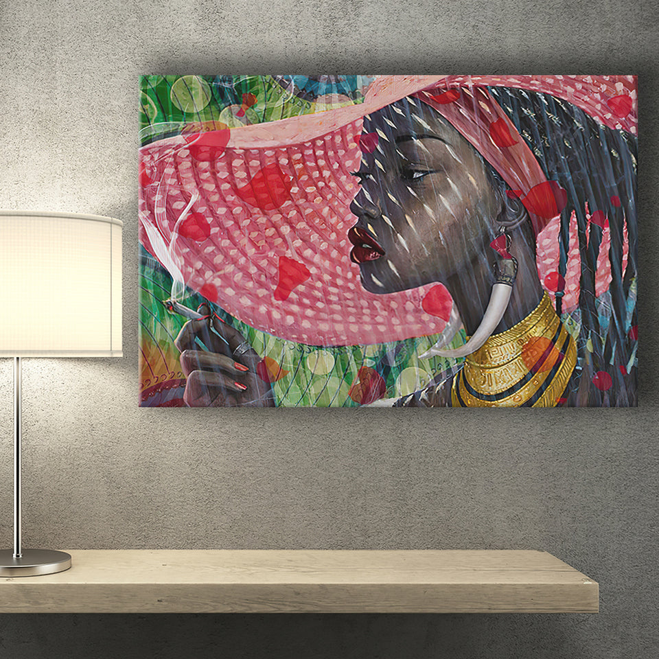 African Lady w Pink Hat Cigar Canvas Prints Wall Art - Painting Canvas, African Art, Home Wall Decor, Painting Prints, For Sale