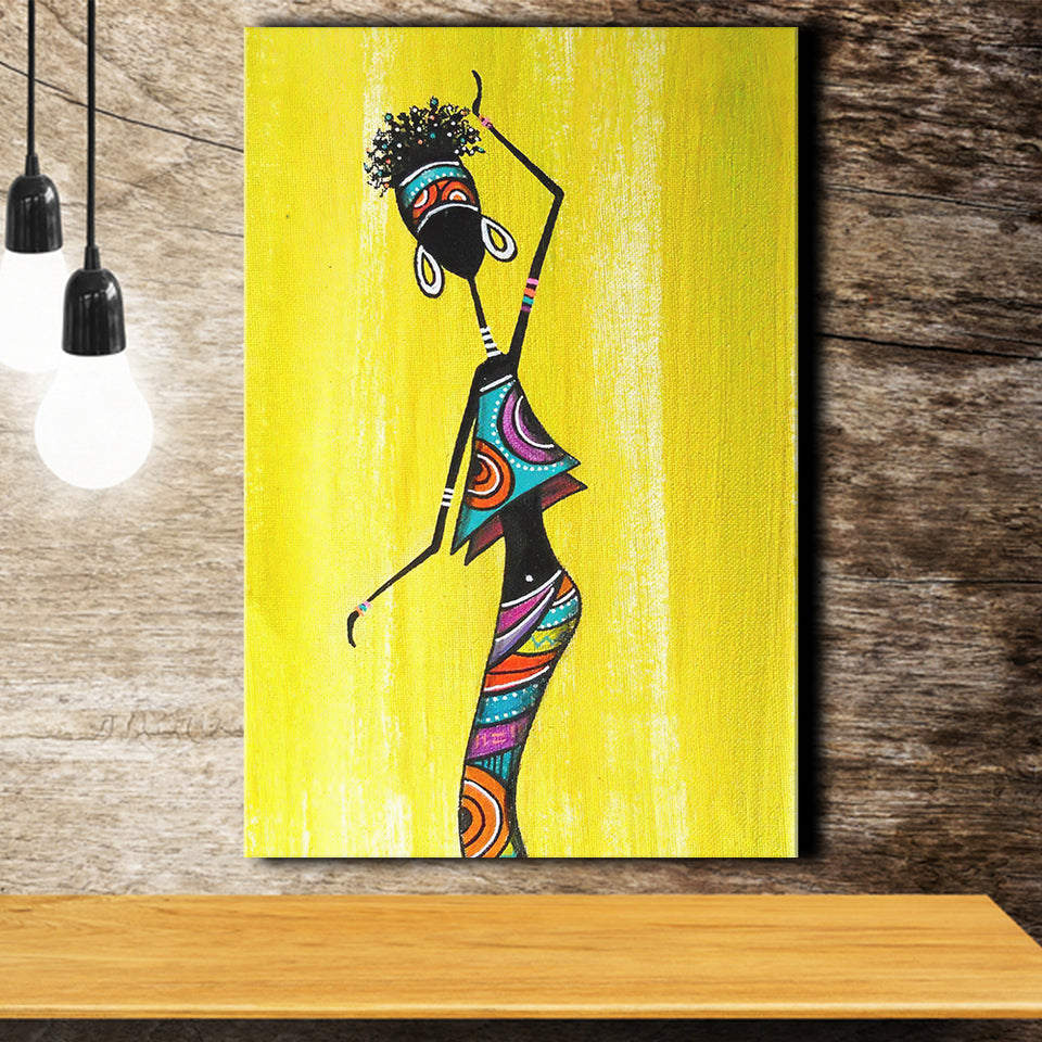African Lady YelloBackground Afro Canvas Prints Wall Art - Painting Canvas, African Art, Home Wall Decor, Painting Prints, For Sale