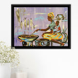 African Mother Cooking, Ethnic Wall Art, Gift For Moom Framed Canvas Prints Wall Art Home Decor,Floating Frame