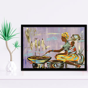 African Mother Cooking, Ethnic Wall Art, Gift For Moom Framed Art Prints, Wall Art,Home Decor,Framed Picture