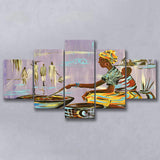African Mother Cooking, Ethnic Wall Art, Gift For Moom 5 Panels, Canvas Prints Wall Art Decor, Large Canvas Art