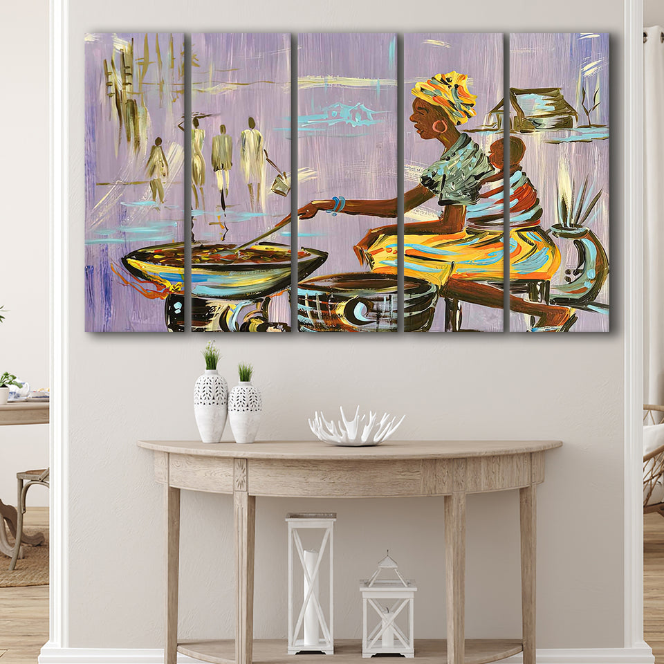 African Mother Cooking, Ethnic Wall Art, Gift For Moom Larger Canvas Art, 5 Piece Canvas Prints Wall Art Decor