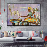 African Mother Cooking, Ethnic Wall Art, Gift For Moom Framed Canvas Prints Wall Art Home Decor,Floating Frame