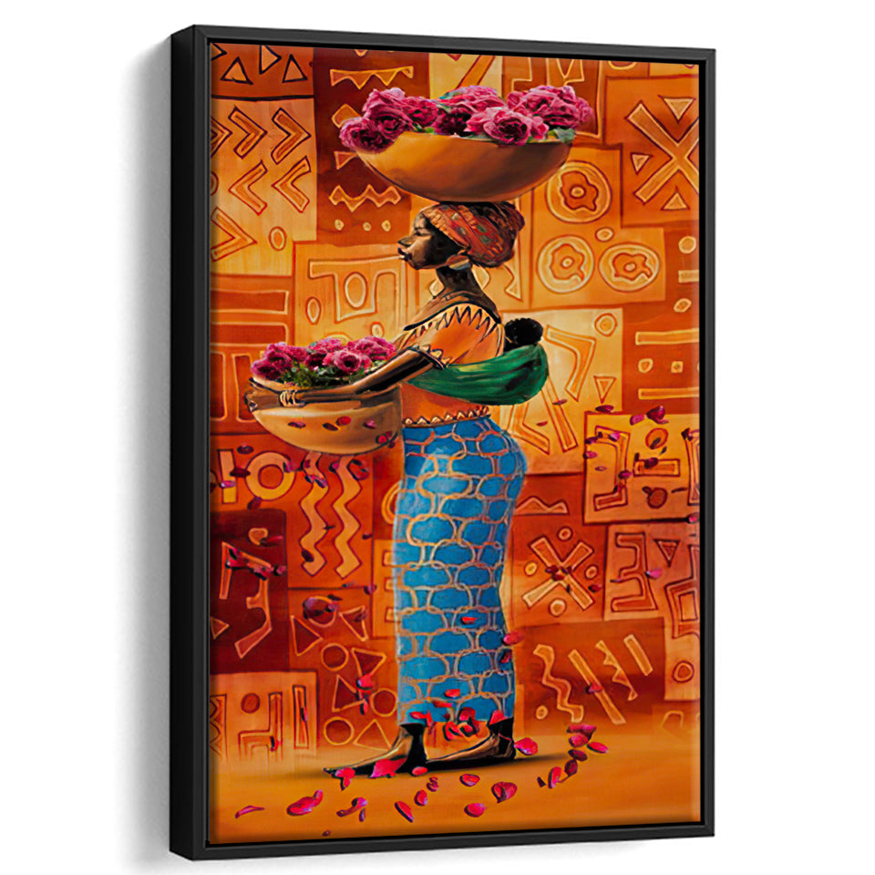 African Mother Holding a Basket Framed Canvas Prints Wall Art - Painting Canvas,Wall Decor, Painting Prints, Floating Frame