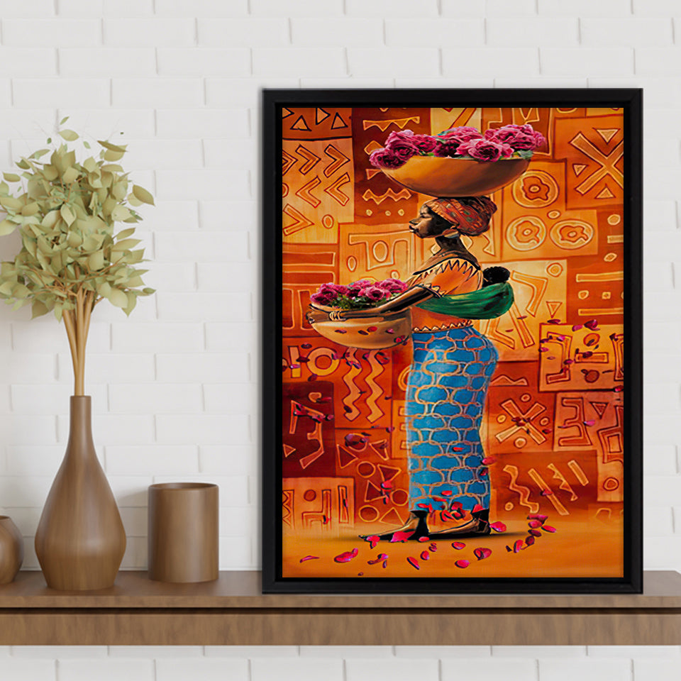 African Mother Holding a Basket Framed Canvas Prints Wall Art - Painting Canvas,Wall Decor, Painting Prints, Floating Frame
