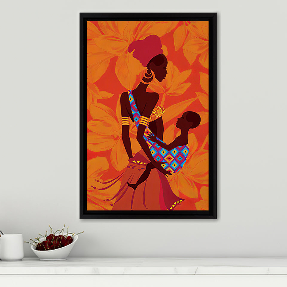 African Mother and Child Framed Canvas Prints Wall Art - Painting Canvas,Wall Decor, Painting Prints, Floating Frame