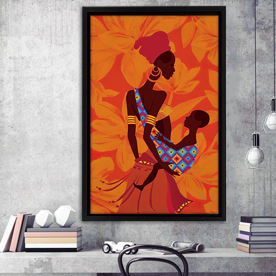 African Mother and Child Framed Canvas Prints Wall Art - Painting Canvas,Wall Decor, Painting Prints, Floating Frame