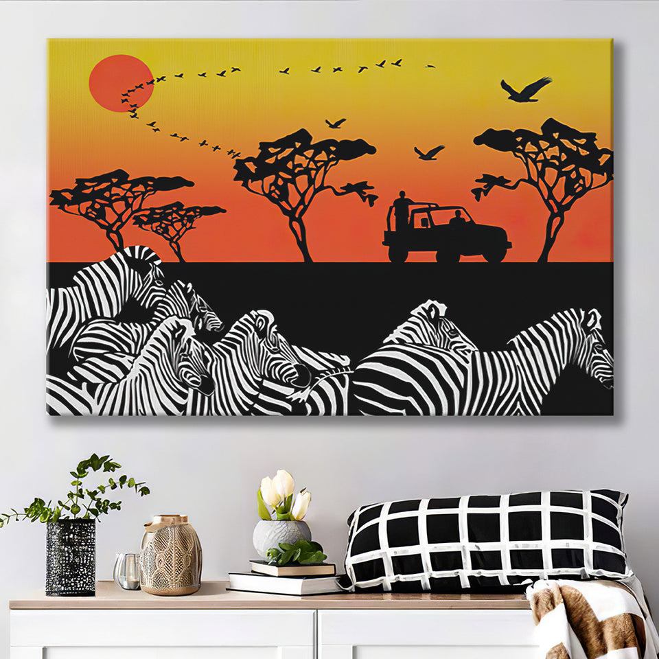 African Savanna Group of Zebra Canvas Prints Wall Art - Painting Canvas, African Art, Home Wall Decor, Painting Prints, For Sale