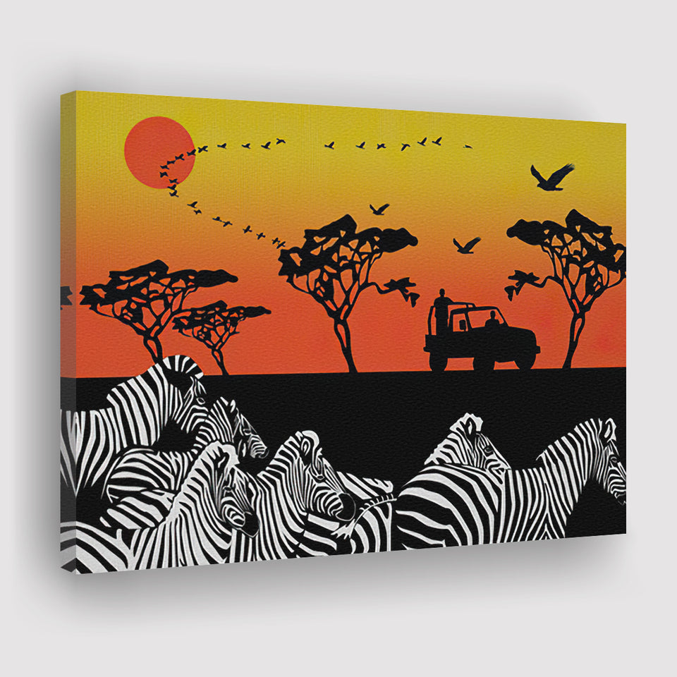 African Savanna Group of Zebra Canvas Prints Wall Art - Painting Canvas, African Art, Home Wall Decor, Painting Prints, For Sale