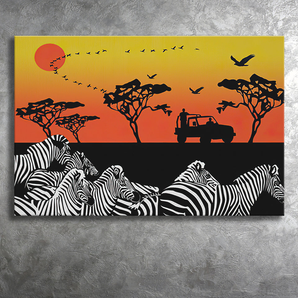 African Savanna Group of Zebra Canvas Prints Wall Art - Painting Canvas, African Art, Home Wall Decor, Painting Prints, For Sale