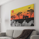 African Savanna Group of Zebra Canvas Prints Wall Art - Painting Canvas, African Art, Home Wall Decor, Painting Prints, For Sale