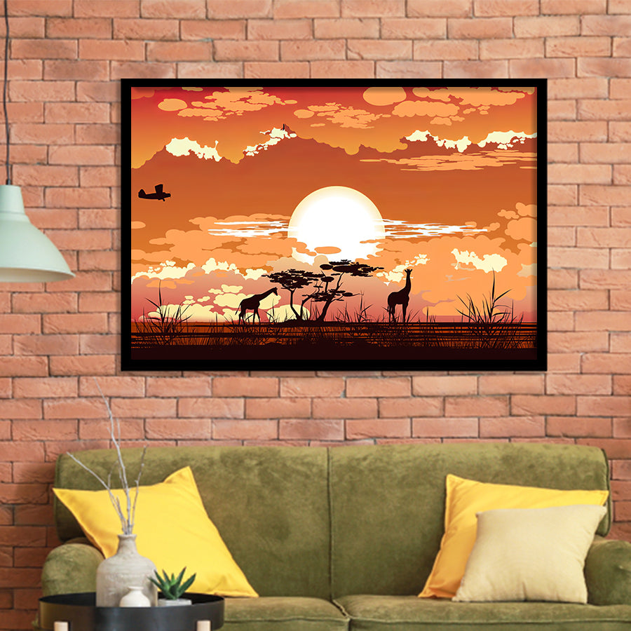 African Savanna Sunset wwild Animals Framed Art Prints Wall Decor - Painting Prints, African Art, Home Decor, Framed Picture, For Sale