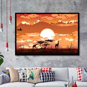 African Savanna Sunset wwild Animals Framed Art Prints Wall Decor - Painting Prints, African Art, Home Decor, Framed Picture, For Sale