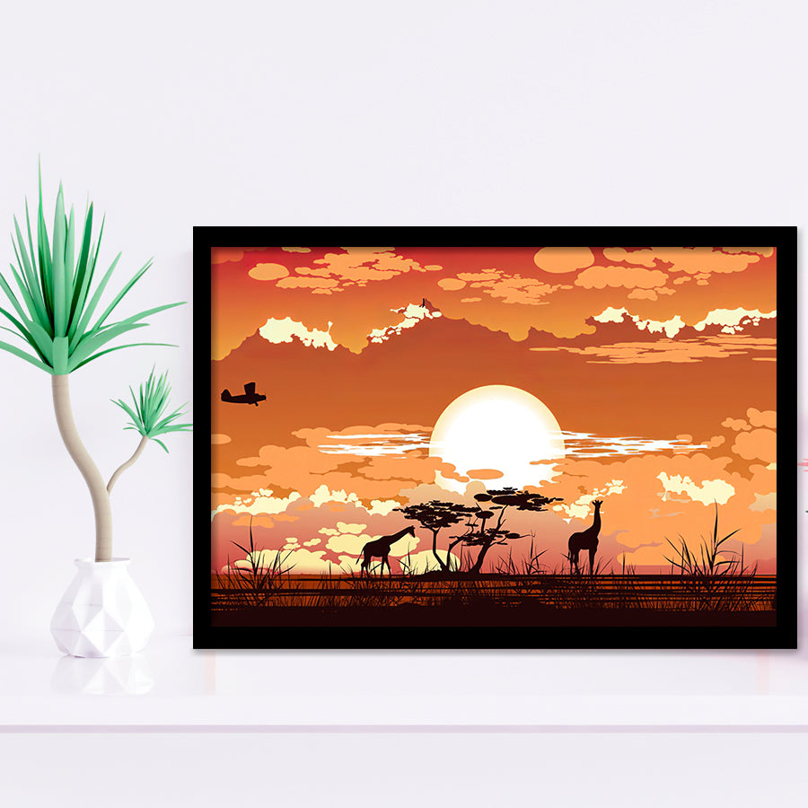 African Savanna Sunset wwild Animals Framed Art Prints Wall Decor - Painting Prints, African Art, Home Decor, Framed Picture, For Sale