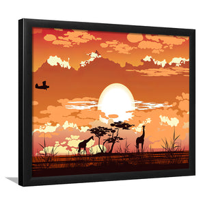 African Savanna Sunset wwild Animals Framed Art Prints Wall Decor - Painting Prints, African Art, Home Decor, Framed Picture, For Sale